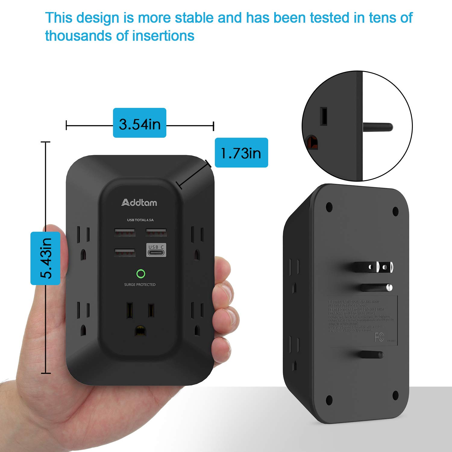 USB Wall Charger Surge Protector - Addtam 5 Outlet Extender with 4 USB Charging Ports (1 USB C), 3-Sided 1800J Power Strip Multi Plug Outlets Adapter Widely Spaced,Black