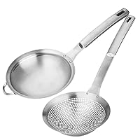 Fine Mesh Stainless Steel Metal With HoleSieve Food Strainer Grease Spider Skimmer And With Handle Large Holes Slotted Colander Frying Spoon Set,Handheld For Kitchen Cooking And Filter Food Residues
