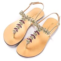 Summer Women Flat Sandals Diamond Lady T-Strap Thong Flip Flops Beach Slippers Plus Size Golden 6.5
