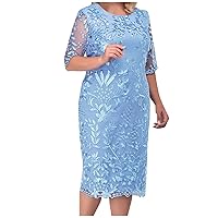 Plus Size Formal Dresses for Women, Women's Casual Fashion Lace Embroidery Medium Long Length Two Piece Set Dress