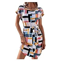 TINMIIR Dresses for Women Short Sleeve Summer 2022 Colorblock Print Batwing Sleeve Curved Hem Belted Dress (Size : Small)
