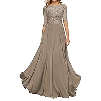 Mother of The Bride Dress for Women Short Sleeves Long Laces Applique Chiffon Formal Evening Gown