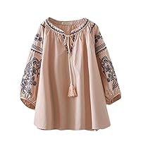 Flygo Women's Ethnic Cotton Shirts Cropped Lantern Sleeve Babydoll Top Blouses with Embroidered (Pink, One Size)