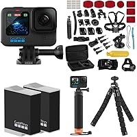 GoPro HERO12 Black Action Camera with Holiday Bundle, 2X Enduro Rechargeable Batteries, Head Strap 2.0, Go Pro Handler (Floating Hand Grip), Mounting Buckle + Thumb Screw, 40pc Extreme Sport Hero 12