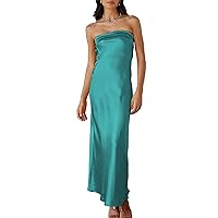 Satin Silk Backless Tube Tops Maxi Dress for Women Low Back Hollow Out Elegant Strapless Long Dresses Wedding Guest