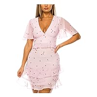 B Darlin Womens Pink Sheer Zippered Ruffled Lined Fitted Printed Flutter Sleeve V Neck Short Party A-Line Dress Juniors 1