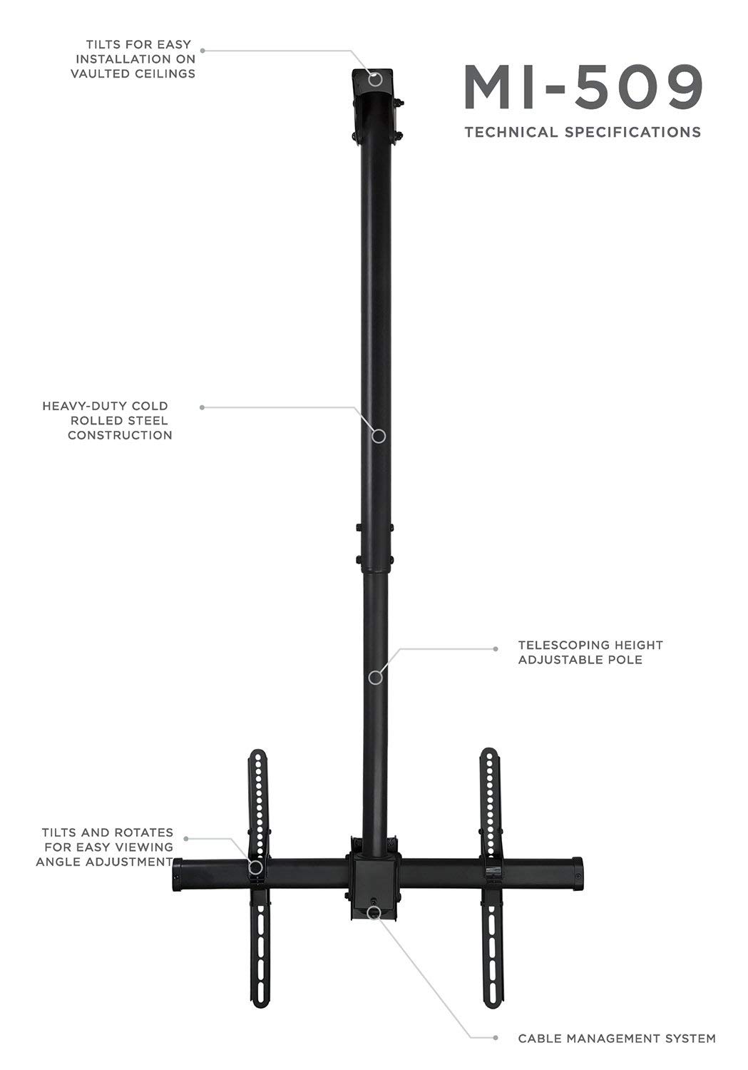 Mount-It Ceiling TV Mount Bracket, Fits 40-70 Inch Flat Panel Televisions, Adjustable Height Telescoping Tilt and Swivel and TV Wall Mount Shelf Bracket Under TV, Black