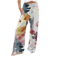 TUNUSKAT Woemns Summer Wide Leg Pants Elastic High Waist Palazzo Pants Floral Print Casual Beach Lounge Trousers with Pocket