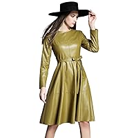 LAI MENG FIVE CATS Womens Faux Leather Fashion A-line and Flare Cocktail Party Midi Dress with Belt