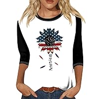 Independence Day Fashion 3/4 Sleeve Tops for Womens USA Printed 4th of July Shirt Casual 2024 Trendy Tshirts
