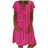 Womens Casual T Shirt Dresses Funny Line Print Loose Dress Short Sleeve Crew Neck Mini Shirt Dress A-Line Tunic Beach Dress