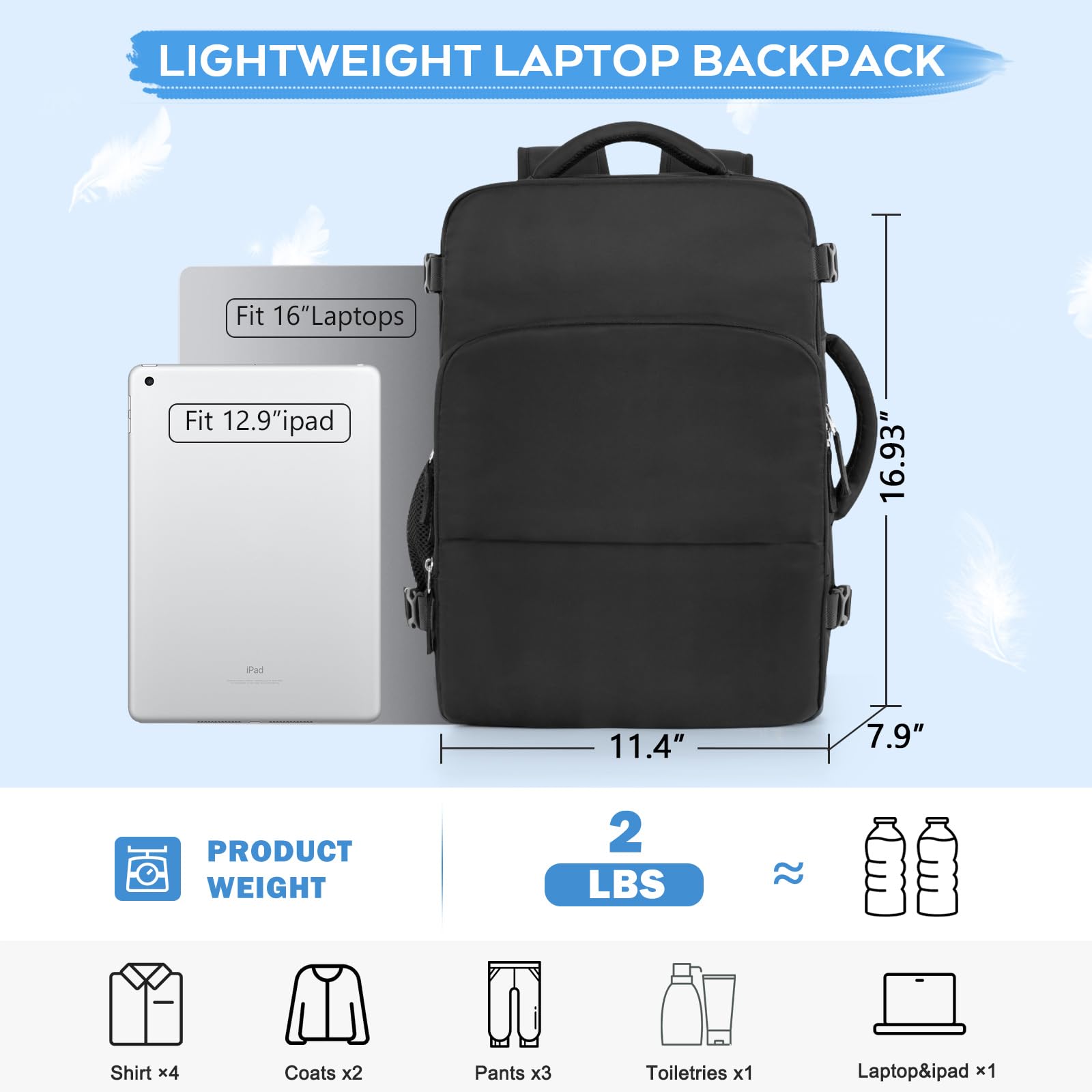 Getravel Large Travel Backpack, Carry On Backpack, Personal Item Bag Airline Approved, Lightweight Hiking Backpack, Casual Weekender bag, Laptop Backpack, Black