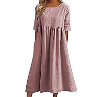 Women Daily Simple Casual Midi Dress O Neck Loose Pleated Comfy Dress Solid Color Elegant Pockets Flowy Swing Dresses