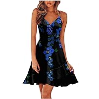 Boho Dress for Women, Summer 2024 Spring Floral V Neck Spaghetti Casual Beach Outfits Clothes Flowy Wrap Dress Casual Maxi Red Dress Women Ruched Dresses Formal Maxi Dresses (L, Navy)