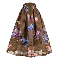 Summer Korean Woman Vintage Butterfly Print Waffle Plaid High Waist Long Pleated Midi Skirt