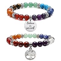 Top Plaza Bundle – 2 Items: 7 Chakra Stone Bead Bracelets Inspirational Message Charm Bracelet - Believe in Yourself & 7 Chakra Natural Stones Beads Bracelets with Silver Alloy Tree of Life Charm