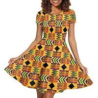 Women's Summer Short Sleeve Sunflower Print Casual T Shirt Flowy Swing Dresses