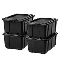 USA 27 Gallon Large Heavy-Duty Storage Plastic Tote, 4 Pack, Rugged Garage Organizer Container with Durable Snap Lid, Black