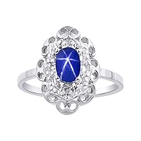 Diamond & Blue Star Sapphire Ring Set In Sterling Silver Diamond Halo