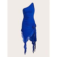 Women's Dress One Shoulder Ruffle Asymmetrical Hem Ruched Mesh Dress Dress for Women (Color : Royal Blue, Size : X-Small)