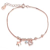 Girl's 925 Sterling Silver Cubic Zirconia Moveable Star Heart Beads Charm Adjustable Link Bracelets, Rose Gold Plated
