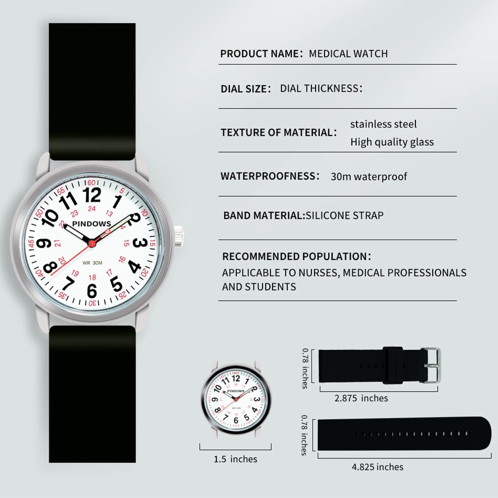 PINDOWS Nurse Watch for Nurses, Doctors, Medical Professionals, Students, Easy to Read Waterproof Women's Men Medical Watch Luminous Dial 12/24 Hour Display, Soft Breathable Silicone Band Replaceable.