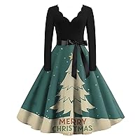 Women's Christmas Dresses 2023 Casual V-Neck Long Sleeve Printed Vintage Dresses Plus Size, S-2XL