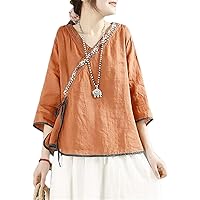 Chinese National Solid Color Embroidery Top V-Neck Loose Cotton Linen Blouse
