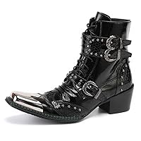 Mens Boots Casual Black Western Leather Fashion Square Toe Metal Tip Dress Ankle Boot