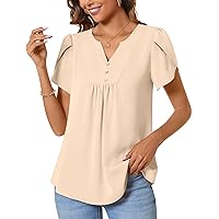 CATHY Womens Fashion Short Sleeve Tops Dressy Petal Sleeve Button T-Shirts Casual Chiffon Tunic Blouse