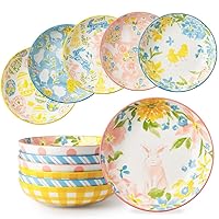 Spring Pasta Bowls, 8 Inch Salad Serving Bowl Set, Wide and Shallow Plate for Kitchen, Watercolor Style, Dishwasher and Microwave Safe, Set of 6