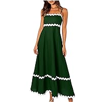 Woman Trendy Swing Boho Beach Dress for Wedding Cocktail Prom Party Club, 2024 Summer Spaghetti Straps Maxi Sundress Army Green