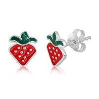 WithLoveSilver 925 Sterling Silver Cute Enamel Sweet Red Strawberry Fruit Stud Earrings