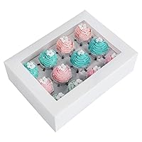 15-Pack White Cupcake Boxes 12 Holders Cake Carrier Food Grade Pop-up Bakery Boxes 13.8 x 9.5 x 4inch with Inserts and PVC Windows Fits 12 Cavity Cupcake Pack of 15