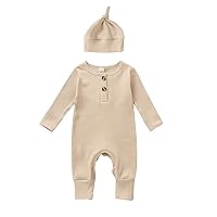 Newborn Baby Boy Girl Clothes Infant Ribbed Romper Solid Long Sleeve Knit Bodysuit Jumpsuit Hat Coming Home Outfit