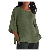 Summer Cotton Linen Tops for Women 3/4 Sleeve Crewneck T-Shirt Plus Size Solid Side Slit Loose Fit Tunic Blouses