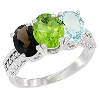 10K White Gold Natural Smoky Topaz, Peridot & Aquamarine Ring 3-Stone Oval 7x5 mm Diamond Accent, Sizes 5-10