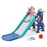 Indoor Slide for Toddlers 1-3, Foldable Kids Toddler Indoor Slide Playset, Indoor and Outdoor Playground, Toddler Climber Playset with Basketball Hoop and Ring Toss(Blue)