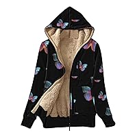 Women's Zip Up Fleece Lined Hoodies Butterfly Print Warm Sherpa Jacket Winter Aesthetic Casual Coats with Pockets