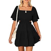 Women's Summer Dresses Square Neck Casual Short Sleeves Crossover Elastic Waist Party Mini Dress