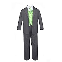 7pc Formal Boys Dark Gray Suits Extra Lime Green Vest Necktie Set S-20 (18)