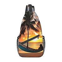 Sling Backpack,Travel Hiking Daypack Coconut Beach Sunset Hammock Print Rope Crossbody Shoulder Bag