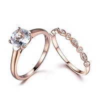 Aquamarine Engagement Ring Set 14k Rose Gold 7mm Round Blue Stone Marquise Milgrain Stackable Band Plain