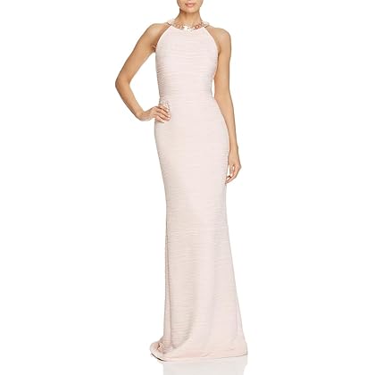 Carmen Marc Valvo Infusion Women's Allover Rouched Beaded Halter Neck Gown