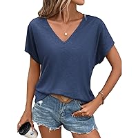 Women Casual Deep V Neck T Shirts Summer Short Sleeve Fashion Loose Solid Color Tops Tee