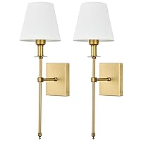 Pauwer Slim Wall Sconces Set of 2 White Fabric Shade Hardwired Indoor Light Column Stand Bedroom Wall Lamp Bathroom Vanity Light Fixture, Antique Brass