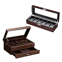 BEWISHOME Watch Box for Men Faux Leather Watch Case with Jewelry Drawer & 6 Slot Watch Organizer Bundle