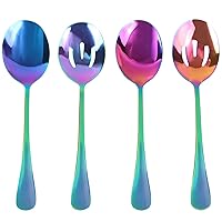 4 Pieces Colorful Serving Spoons Set, Include 2 Large Serving Spoon And 2 Slotted Spoons, Rainbow Color Style Stainless Steel Serving Utensils for Buffet Catering Banquet
