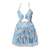 Women's Casual Summer Tank Dress Sleeveless Flower Print Pleated Dress Hollow Out Layered Cute Sundresses Knee Length