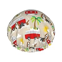 Basset Hound Dog Summer Bus Palm Trees Print Soft Shower Cap for Women, Reusable Environmental Protection Hair Bath Caps